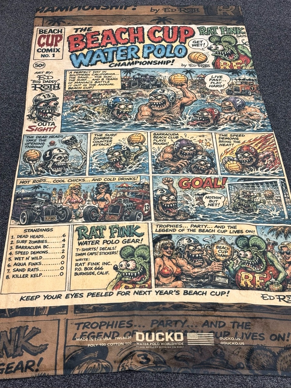 DUCKO Beach Cup Water Polo 26’ Rat Fink Ed Roth Beach Towel  NEW